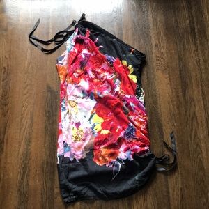 Asos one shoulder black pink flower dress